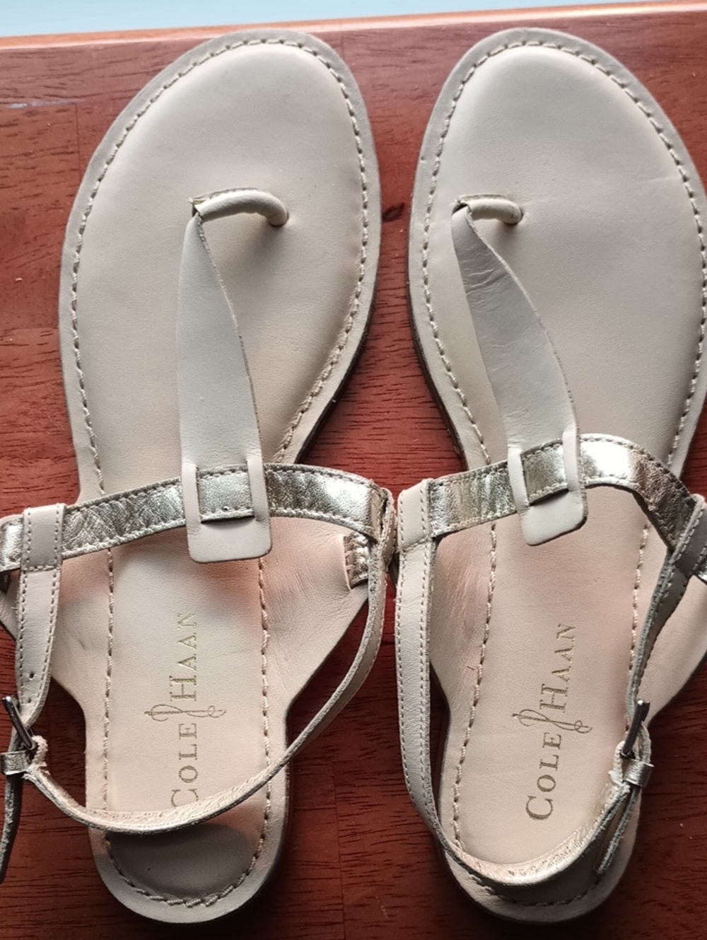 COLE HAAN Metallic Gold Leather T-Strap Sandals with Ankle Strap